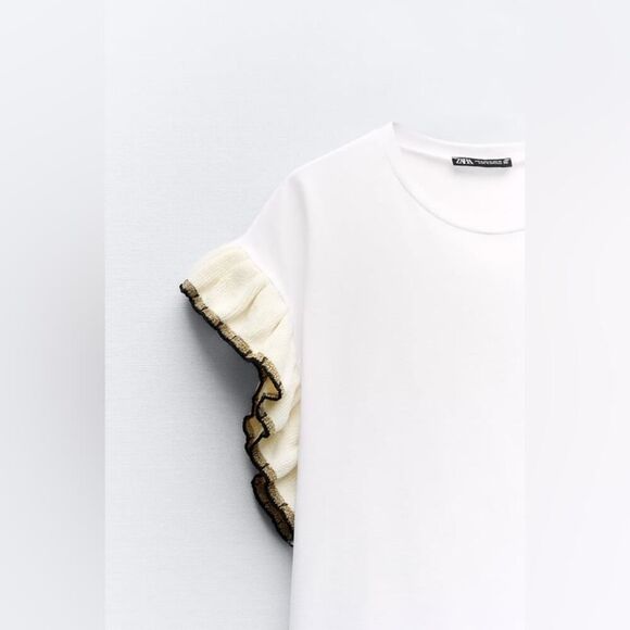 Zara Women’s White Chunky Knit T-Shirt with Ruffles Size M NWT - Picture 5 of 7
